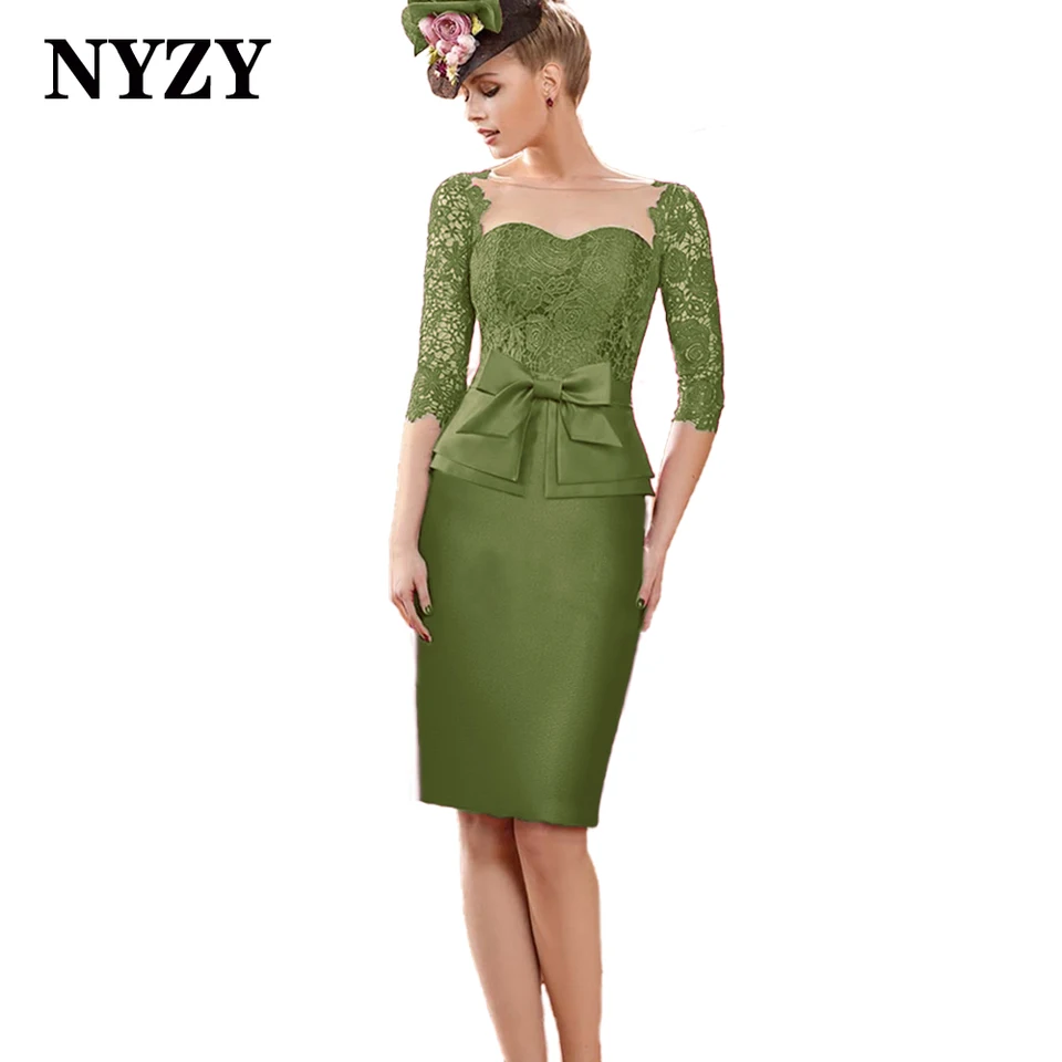NYZY M361G Olive Green Puseath 3/4 Rukávy Krátka čipka Matka nevesty šaty 2021 Svadobné obliekania Vestidos de Cóctel