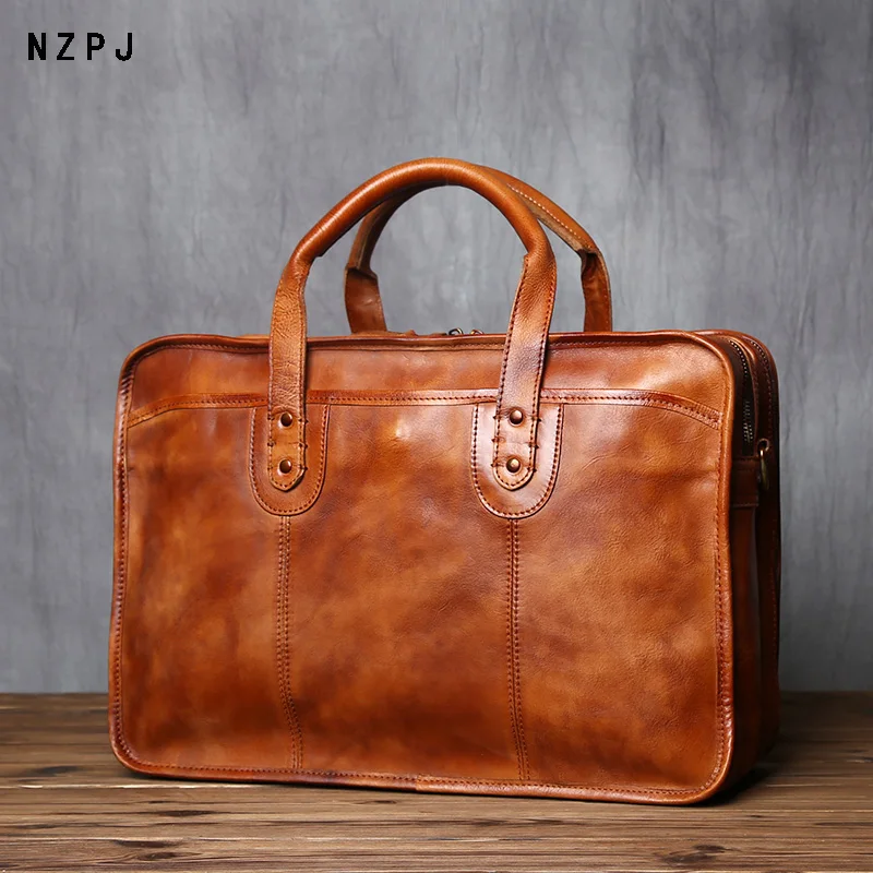 NZPJ Retro mužský kufrík horná vrstva Cowhide Cestovná taška Ručne vyrobená kožená laptop business taška na ramená Crossbody taška