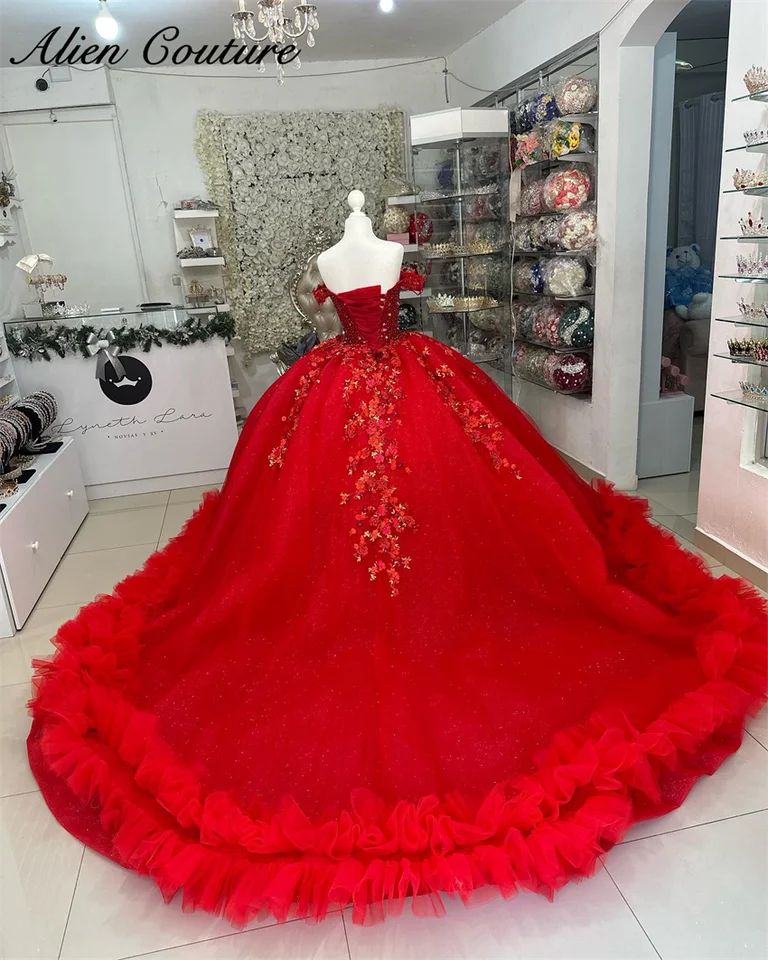 Nádherné červené šaty Quinceanera odstupňované sladké aplikácie korálky Crystal Pearls 2024 narodeninové oslavy Vestidos de 15 prispôsobené