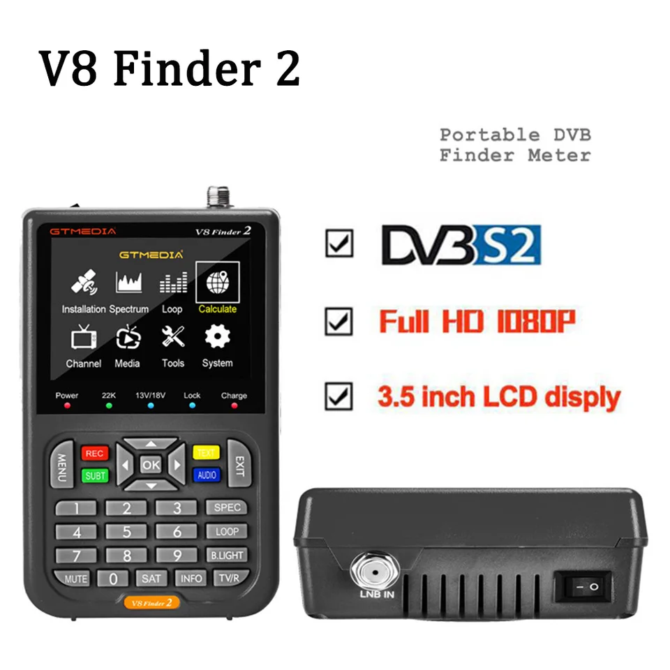 Náhla V8 Finder 2 Satellite Finder Meter DVB-S/S2/S2X 3,5 palca LCD displej 1080p, port typu C Satfinder vs freesat