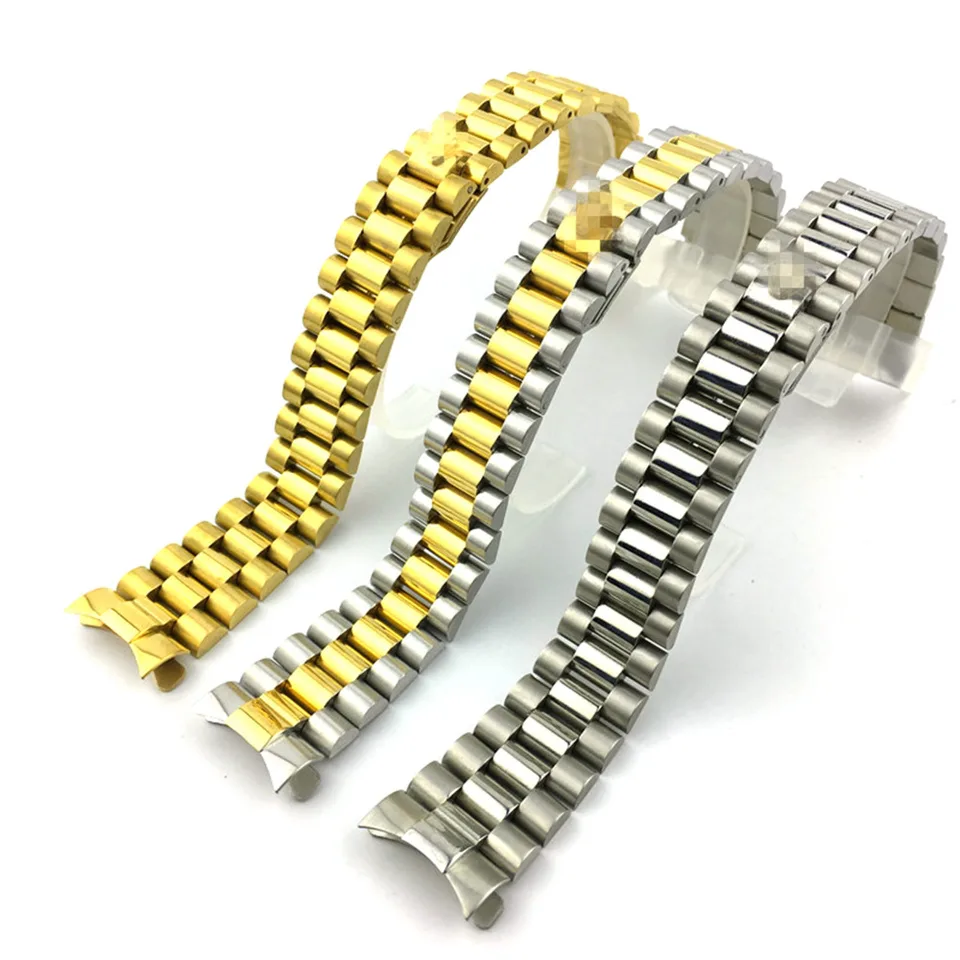 Náhrada 20 mm zlaté stredné zlato striebro Solidless Curved and President Style Bracelet Universal Watch Band popruh