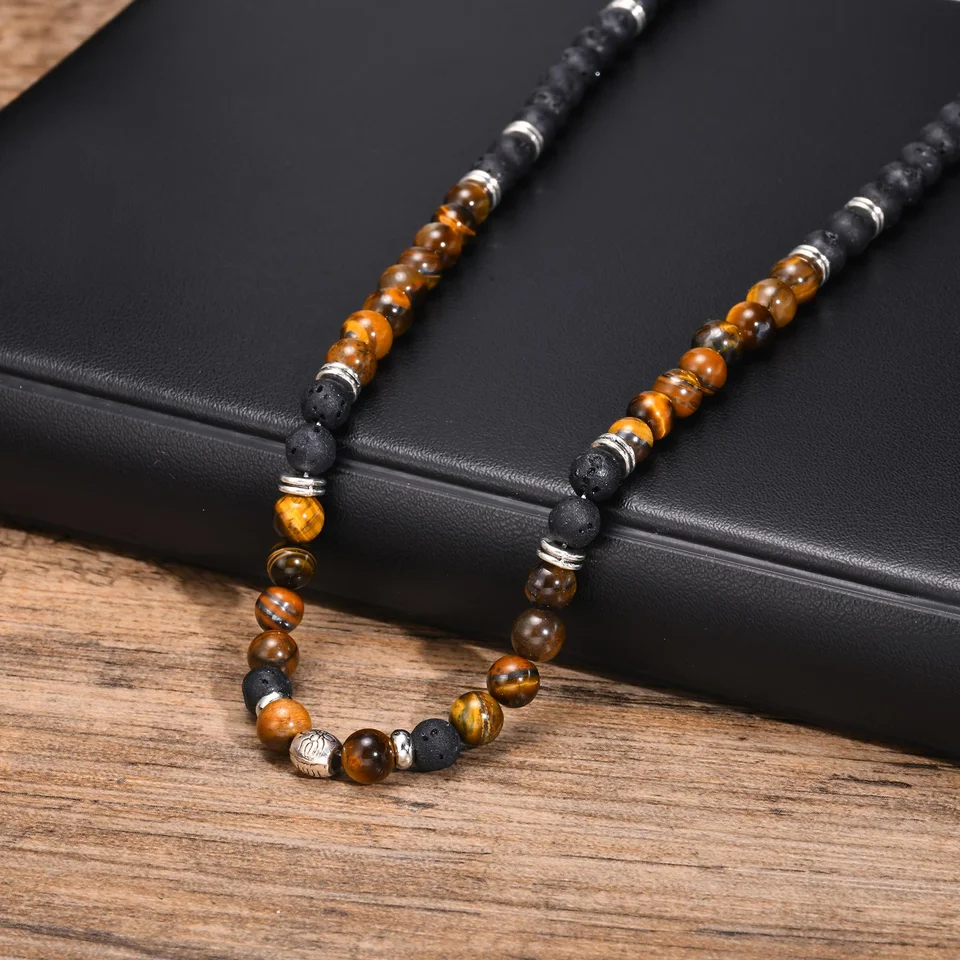 Náhrdelník Tiger Eye Stone Guads pre mužov, neformálny čierny hnedý korálkový golier, letné plážové šperky darčeky