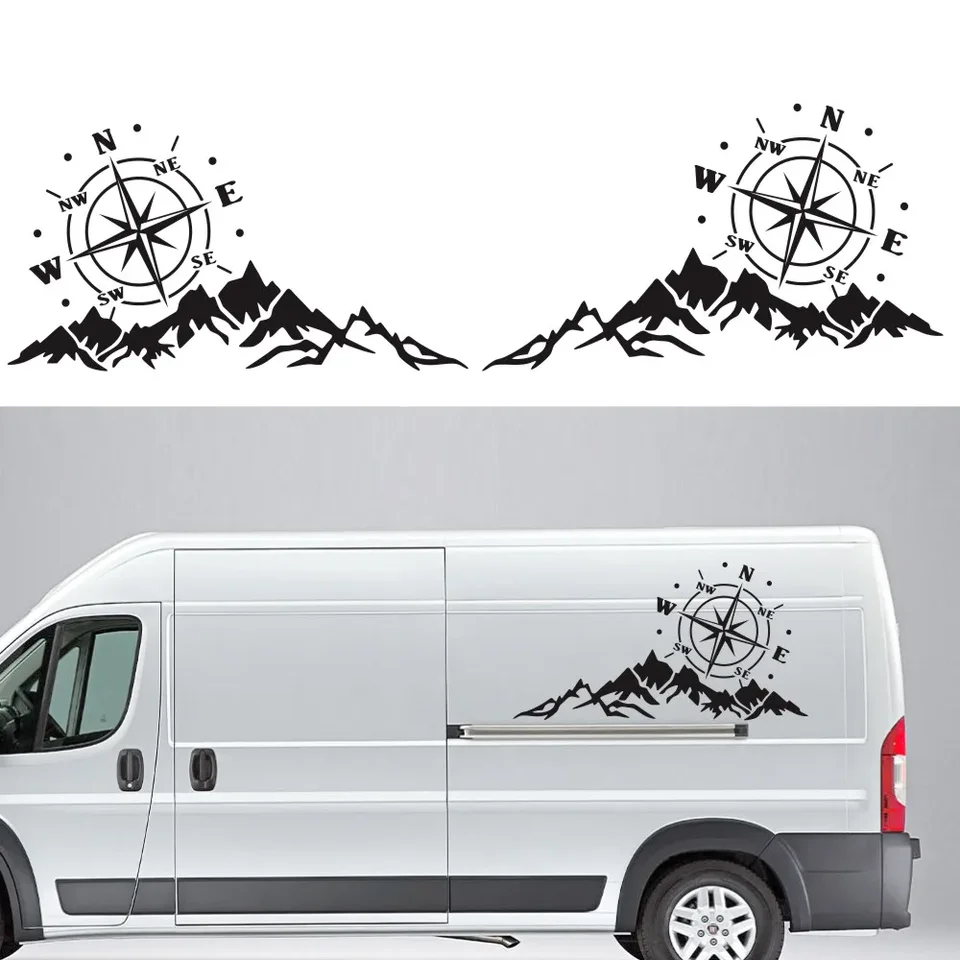 Nálepka na autá 2pcs horské dobrodruhovia Compass Graphic Decorácie RV Camper Truck Truck Dvere Dvere Line Hood Vinyl Decal, 56*30 cm