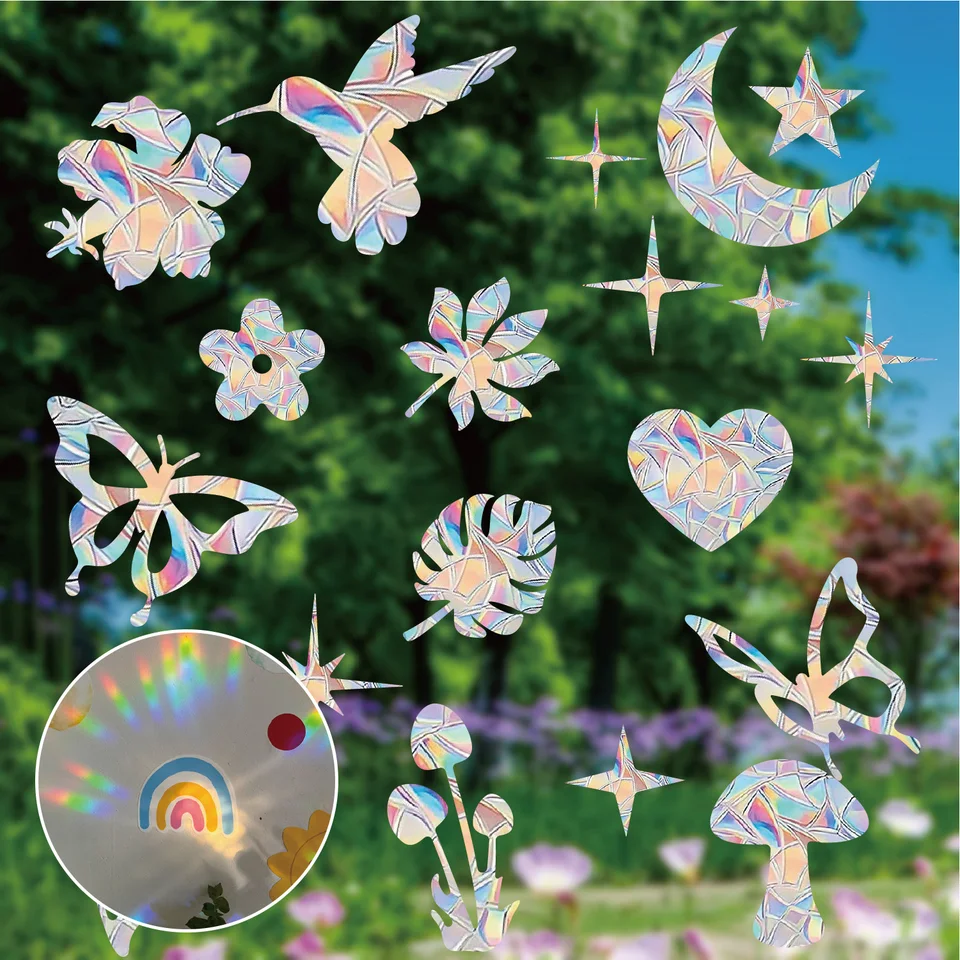 Nálepka na okno Suncatcher Rainbow Prism Cat Stars Moon Glass Sticker Anti-Collision okenné nálepka pre vianočné dekorácie
