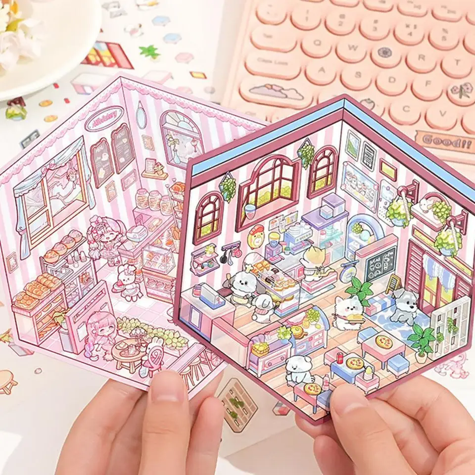 Nálepky nálepiek Kawaii pre scrapbooking 3D House Sticker Sticker Sticker Cute Puppy Slepe Stickers DIY Arts Crafts Album