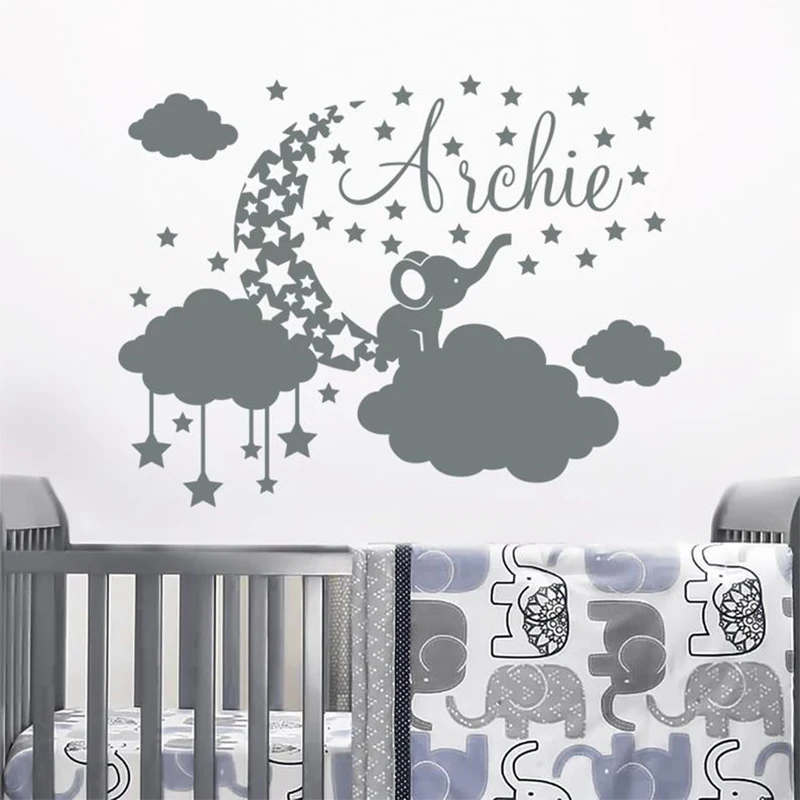 Nálepky slonov oblaky Moon a hviezda dieťa vlastné meno nástenný názov Stikcer Vinyl Baby Room Decoration Dekorácia Boy Názov nástenná maľba x075