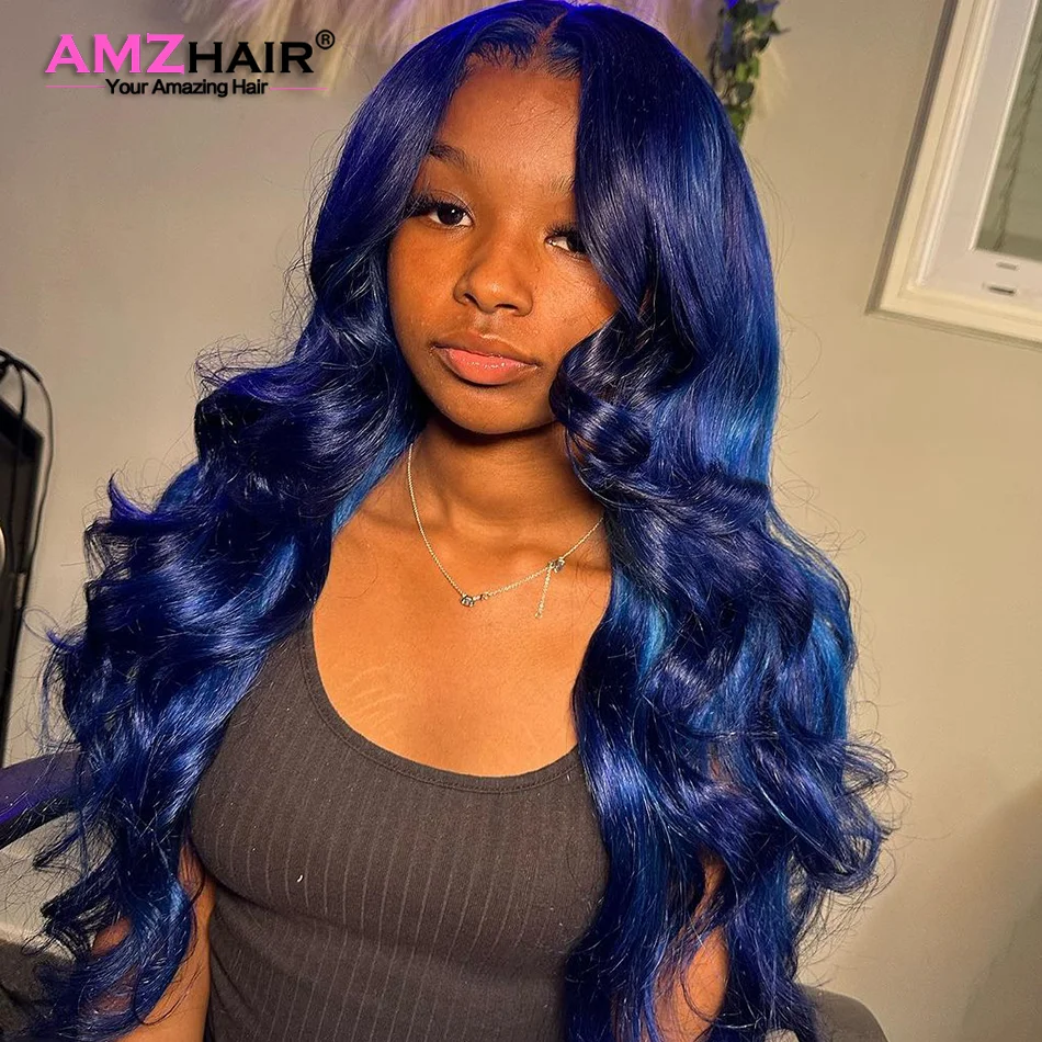 Námorné modré 13x4 Body Wave Lace Lace Čelné ľudské vlasové parochne pre ženy brazílske vopred vopred s priehľadnou čipkou predné modré parochne