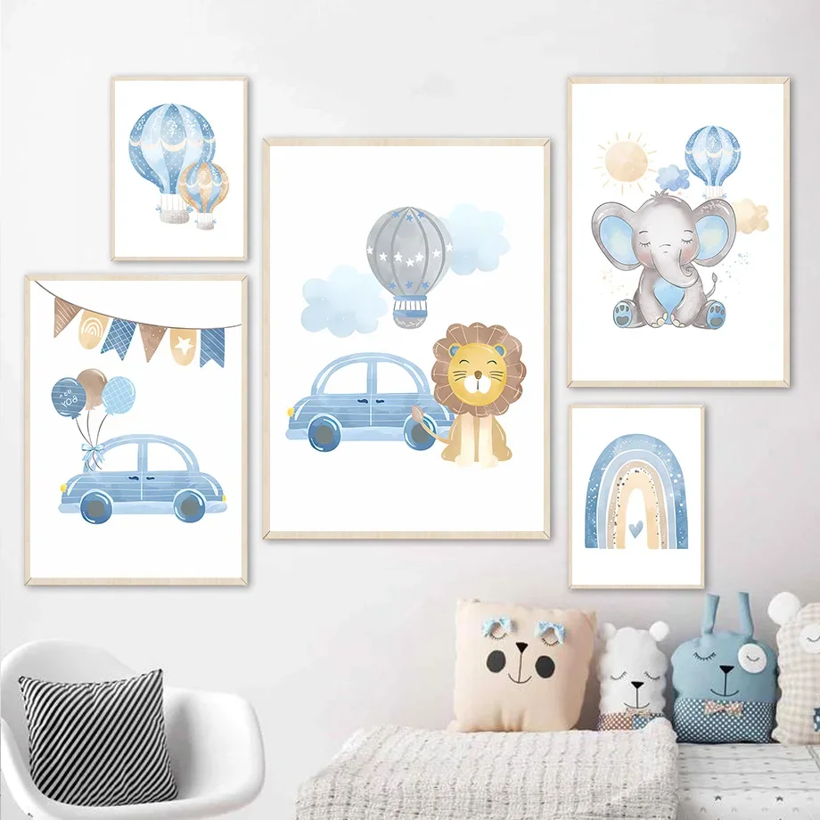 Námorné modré autá Trucks Lion Elephant Wall Art Canvas maľba Nordické plagáty výtlačky Obrázky