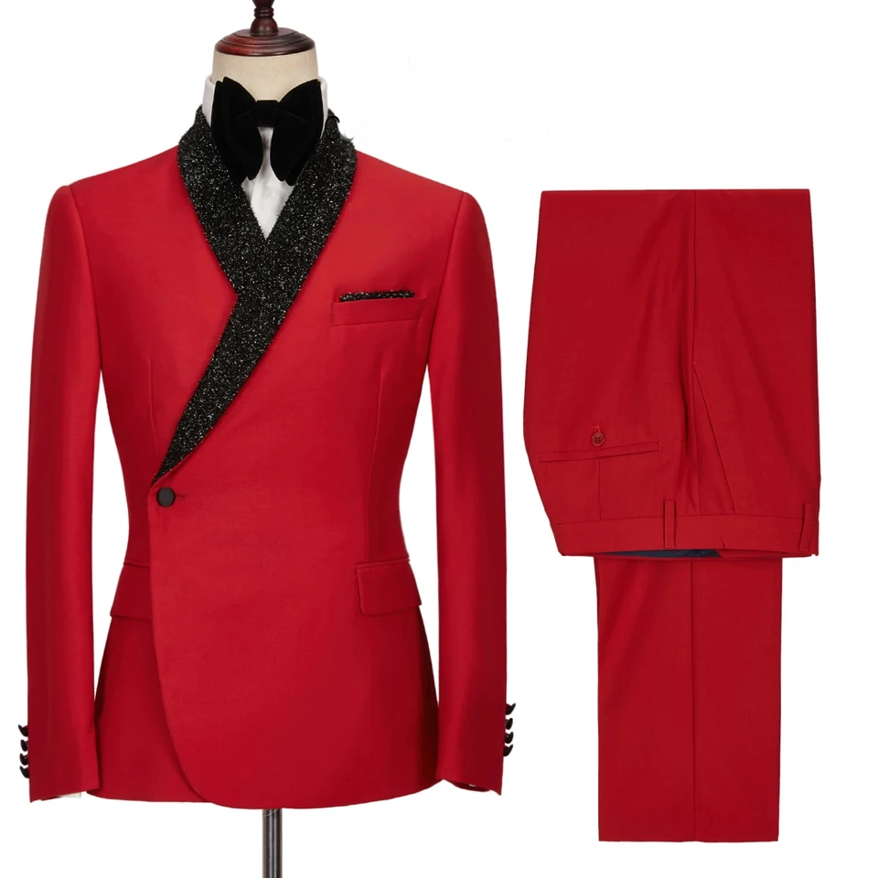Námorné modré/červené dvojité bleskové nohavice Men Men Suits Fajčiarska bunda lesklý čierny šál Formálne tuxedo svadobné večere Wear