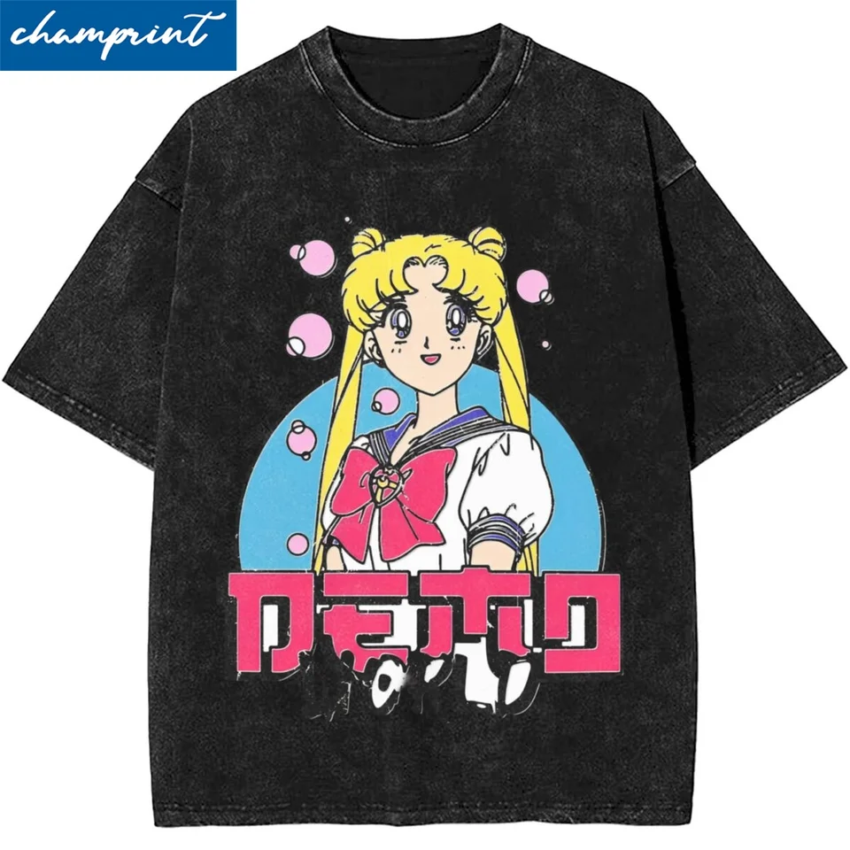 Námornícke mesiace karikatúry vintage umývaný tričko unisex bavlnené odevy retro okrúhly krk krátky rukáv