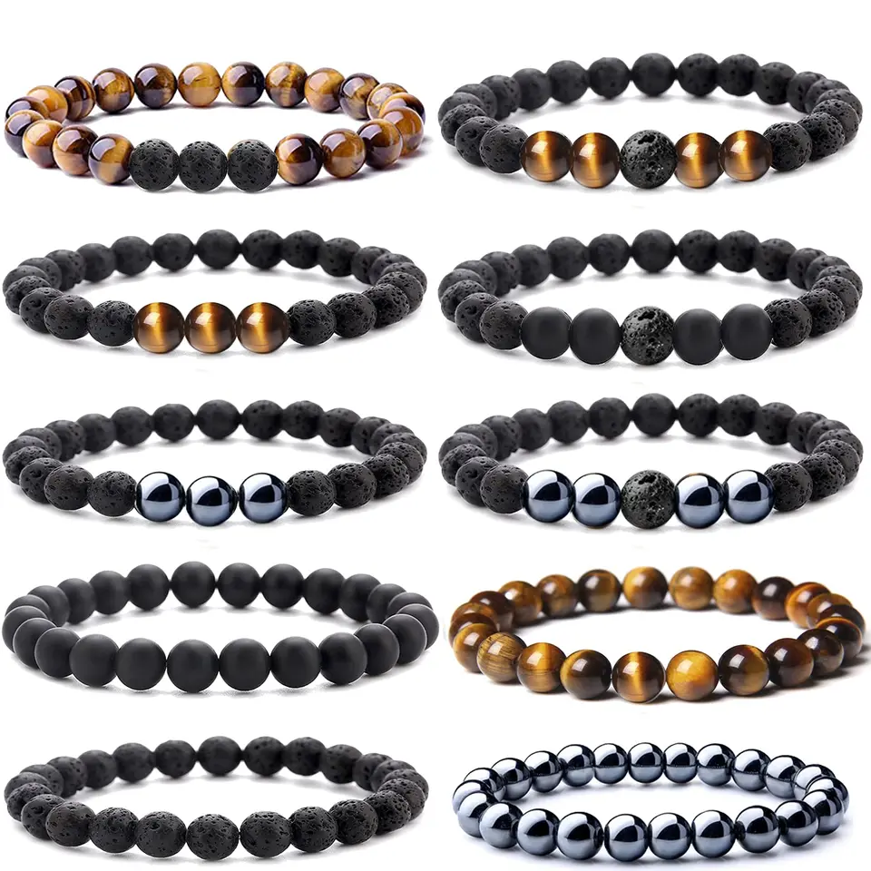 Náramky z lávového skalného korálky pre mužov Ženy Tiger Eye Hematit Black Onyx Matte guľôčky úzkostné náramky stresové náramky