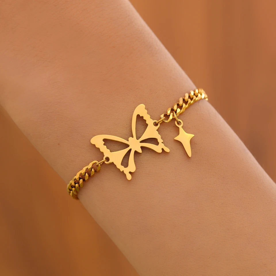 Náramky z nehrdzavejúcej ocele Elegantné vynikajúce duté motýľ prívesok Charm Charm Chain Módny náramok pre ženy