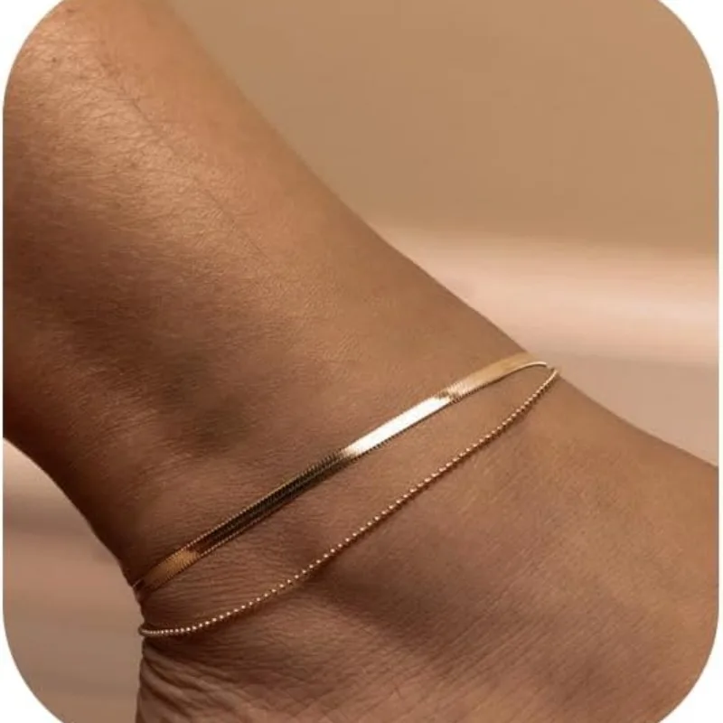Náramky zo zlata pre ženy, Dainty 14k Gold -Pastdless Comerless Anklets 925 Strieborná vodotesná kosť korálkových koláčov