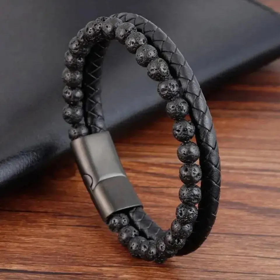 Náramok s náramkom z nehrdzavejúcej ocele Náramok Tiger Eye Stone Práce Prírodné lávové kamenné korálky z nehrdzavejúcej ocele Náramok