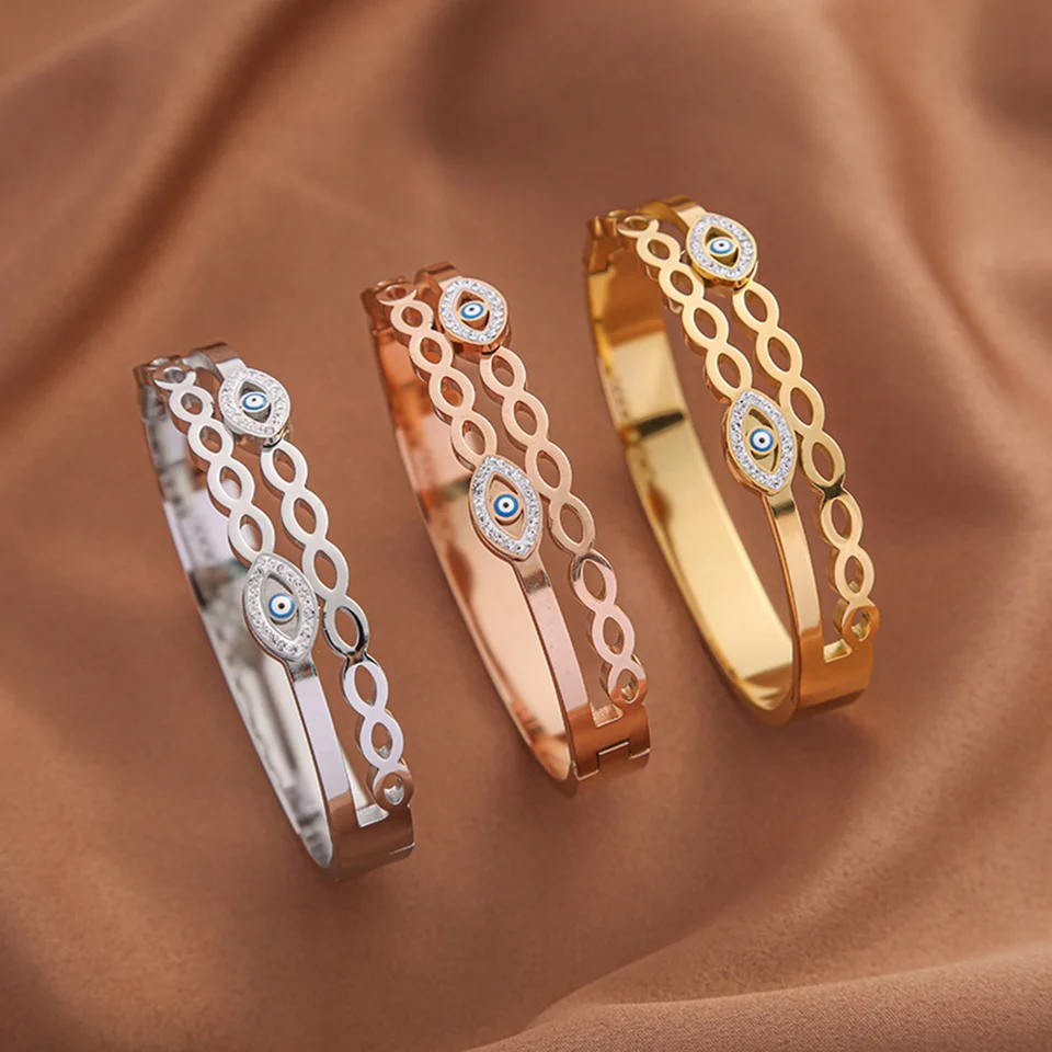 Náramok z nehrdzavejúcej oceľovej manžety Devil Eye Gold Color Bangles Ženy Duté reťazové tvary dvojvrstvové náramkové šperky doplnky