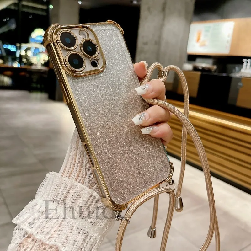 Nárazový prípad pre Xiaomi Redmi Poznámka 13 12 11 10 Pro 14C 13C POCO F6 X6 M6 Glitter Crossbody Cord Squarp Strap Patting Cover
