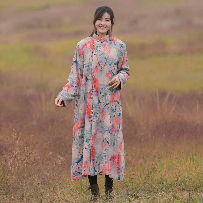 Národná hodvábna ľanová ľanová ľanová a fleece hrubá rúcho Dámske zimné šaty retro bočné svetové gombíky Lost Long Coat Long Coat