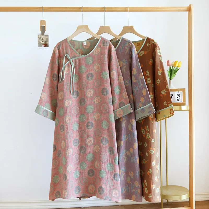 Národný štýl Nightdress Dámska letná bavlnená nočná košeľa Half Ruckve Woven Jacquard Thin Domáce nočné nosenia pre ženy