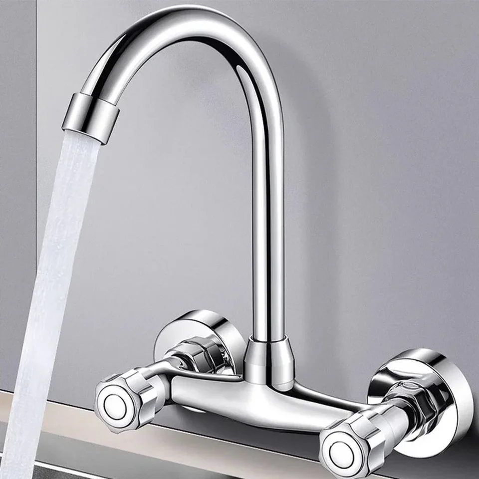 Nástenná kuchynská kohútika Dvojitý otvor Cold a horúca voda Taps 360 ° otočná kuchynská miešačka Tap Single Lever Water Water
