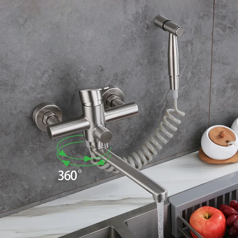 Nástenná montáž kuchynský kohútik z nehrdzavejúcej ocele Vani faucet natiahnite dýzu s postrekovačom duálne diery umývadlo Tap Cold a Hot Mixer Crane