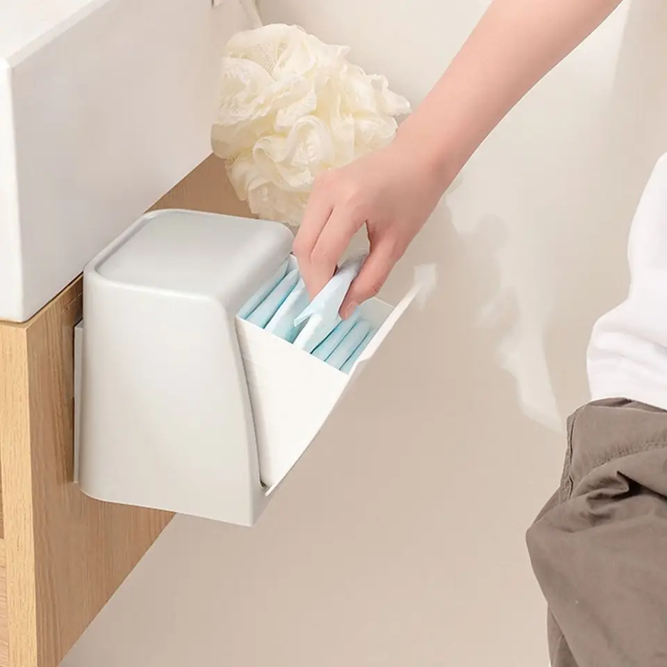 Nástenná úložná skrinka Perforácia bez perforácie kúpeľňa kúpeľňa stena Flip Bucket Storage Box pre menštruačné uteráky a papierové utierky