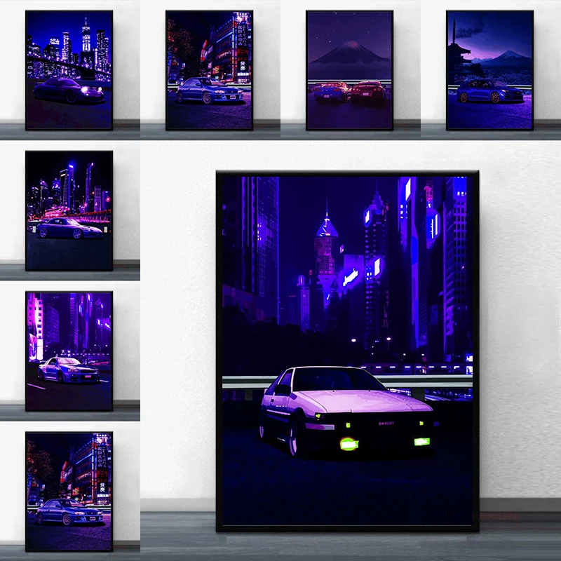 Nástenné umelecké plagáty a výtlačky Subaru Impreza Sti Blue Sports Car City Night View Canvas maľba obývacia izba dekoratívne obrázky