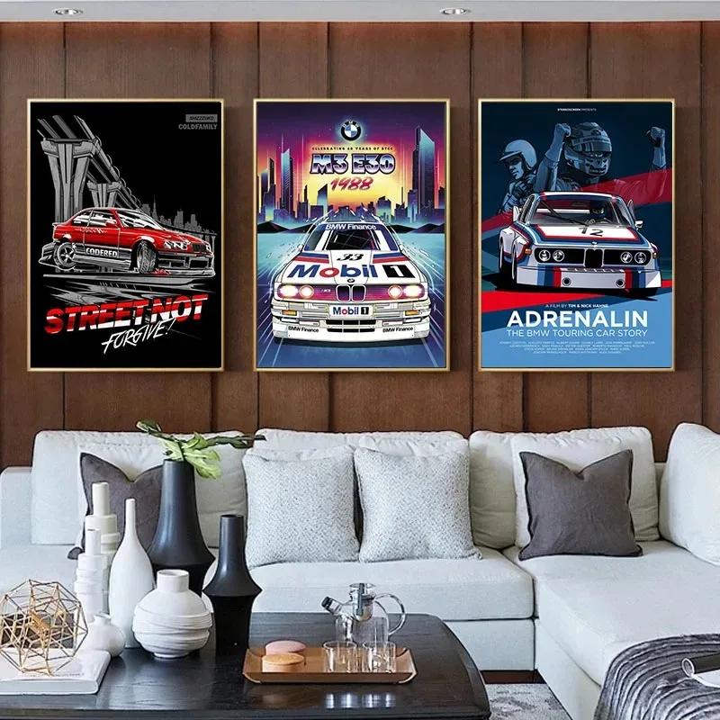 Nástenné umenie BMW M3 E30 Series Super Racing Car Canvas Obrázky Obrázky Domáca dekorácia Tlač Moderný plagát pre obývaciu izbu