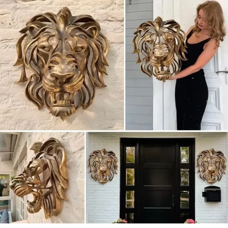 Nástenné zavesenie leva hlava Art Socha Cool Gold Lion King Resin Socha Spálka Spál