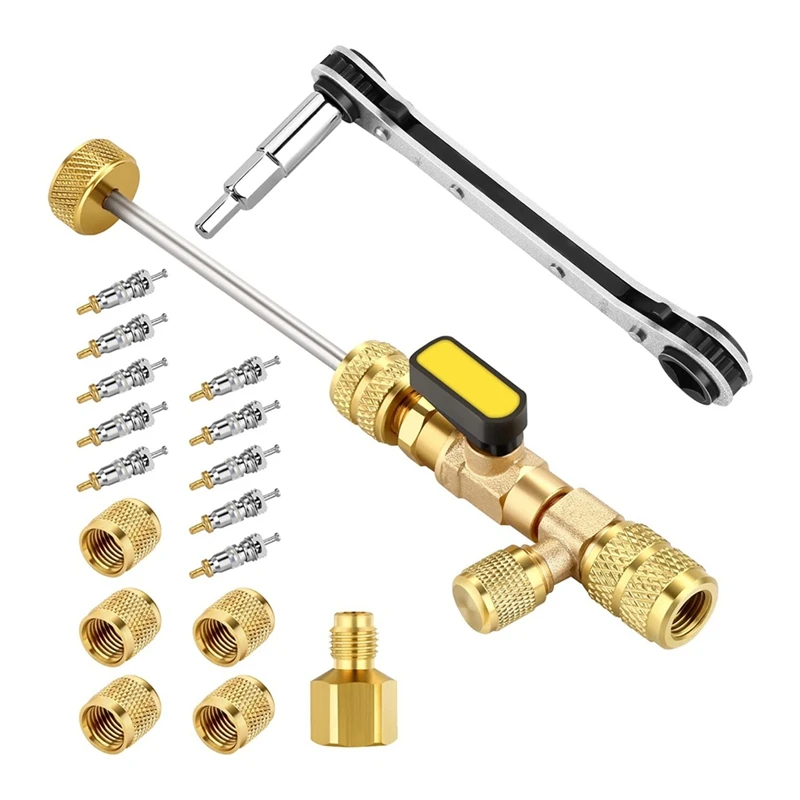 Nástroj na odstraňovaciu hodnotu Valve Core a HVAC Service Wrench set s hex Bit Adapter, veľkosť SAE 1/4 a 5/16 port, 10 ks ventilových jadier et