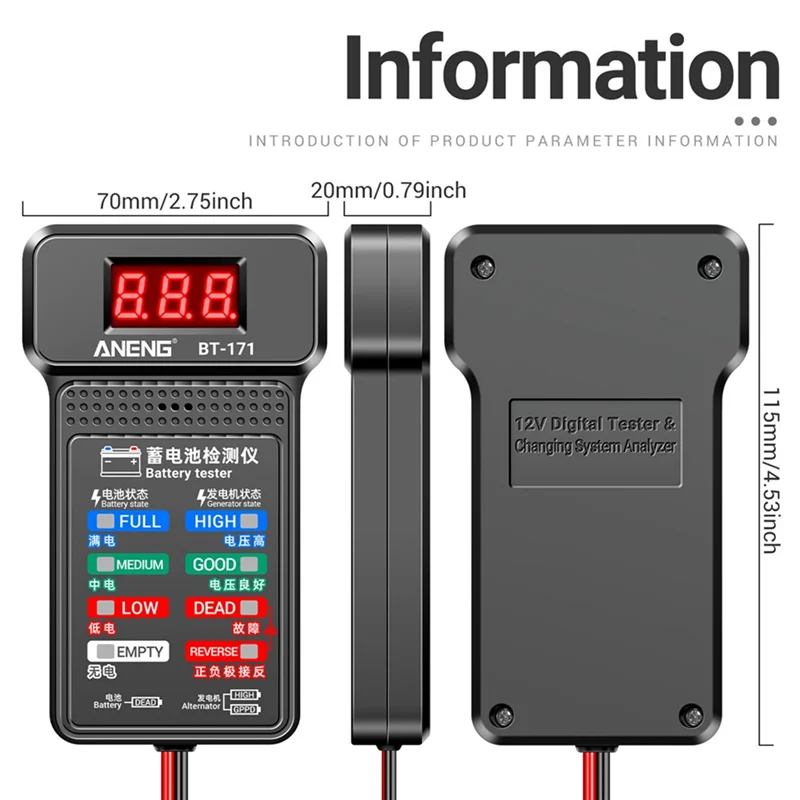 Nástroje na tester batérií ANENG BT-171 Automobilový diagnostický nástroj 12V analyzátor batérie