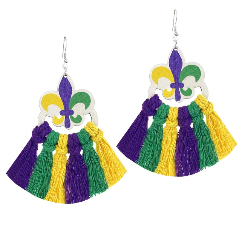 Náušnice z karnevalu, tučný utorok, príslušenstvo Mardi Gras pre ženy Purple, zelené a zlaté okraje