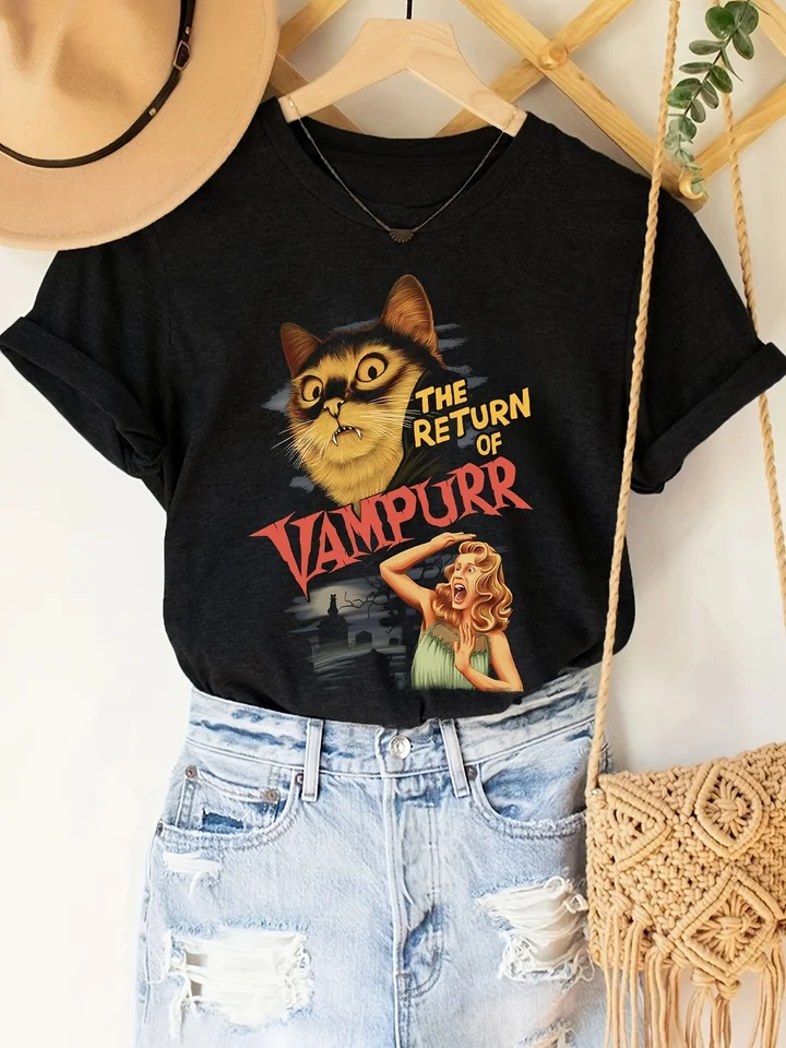 Návrat v Vanpurr Cat Print Women Women Crew Krck Tričko s krátkym rukávom Príležitostné vrchol pre jar a letné dámske oblečenie
