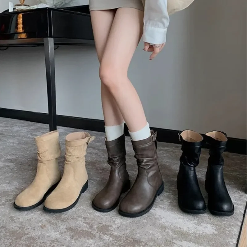 Nízke päty Ženy Western Cowgirl Boots Fashion Slip na opasok pracky topánky retro štýl jesenné zimné dámy rytierske krátke topánky
