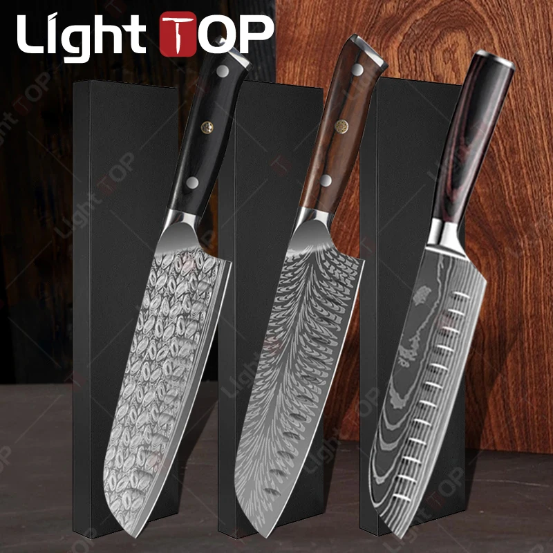 Nôž profesionálneho kuchynského šéfkuchára damascus oceľ santoku nôž laserové zrno farebné drevené rukovä