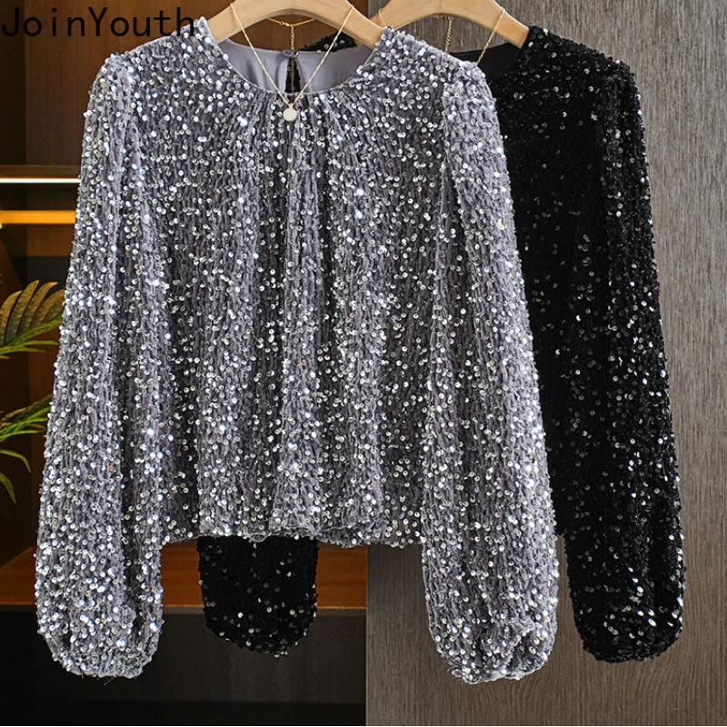 O Blúzka s dlhým rukávom pre ženy pre ženy módne ťažké flitry Y2K Tops 2023 Blusas Mujer de Moda Temperament Loose Kórejské košele