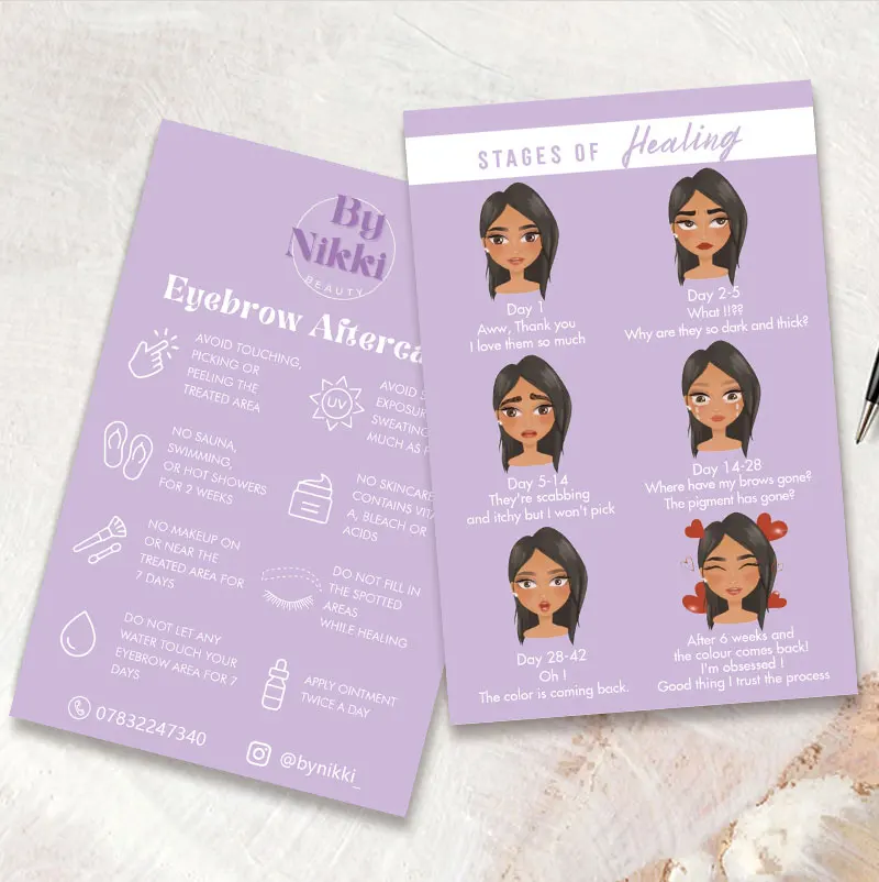 O obočie a následná starostlivosť o cenu a PMU Lip Blus Blus Aftercare Card Inštrukcia Krása Business Care Cards Tlačiteľné fázy liečivých kariet