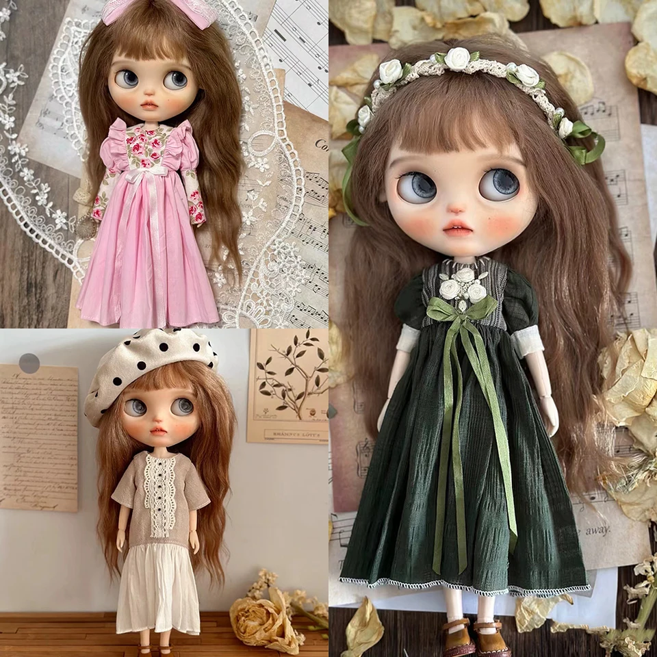 OB24 Doll's Clothes 2-Piece Set Retro literárny štýl Vysoko kvalitný šaty čelenka klobúk fit blythe akčná figúrka tela hračky darček
