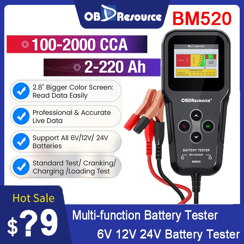 Obdresource 6v 12v 24v tester automobilových batérií BM520 100-2000CCA nabíjacie kľukové analyzérové ​​tester pre automobily Motocykle nákladných automobilov