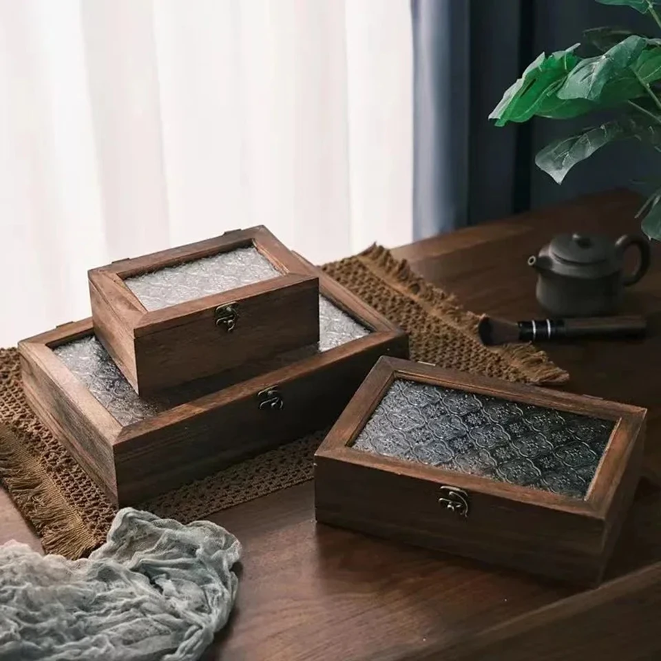 Obdĺžnikový drevený úložný box Nordic Retro retro masívne drevo Begonia kvetina sklo sklo skladovacie úložisko dekoratívne skrinky na hinged Storage Boxes