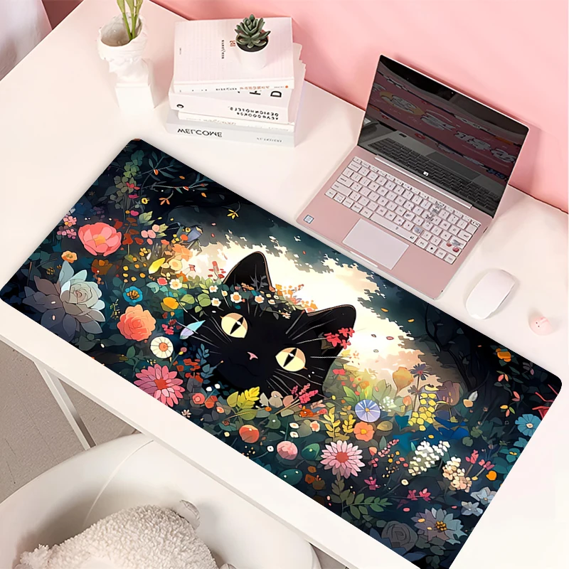 Oblaky čierna mačka myš Pad PC Zelené rastliny kvetinové herné koberec koberce laptop kawaii anime hráč Cabint myš