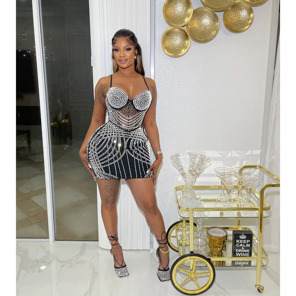 Oblečenie 2023 Sieť vidieť, aj keď Diamonds Spider Pattern Stier bez rukávov Bodycon midi šaty pre ženy narodeniny Sexy klub Party