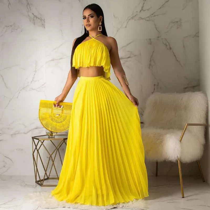 Oblečenie pre leto sexy africké ženy bez rukávov bez rukávov Polyester Polovná farba 2 kusy súpravy skladané špičkové sukne Chic a elegantné