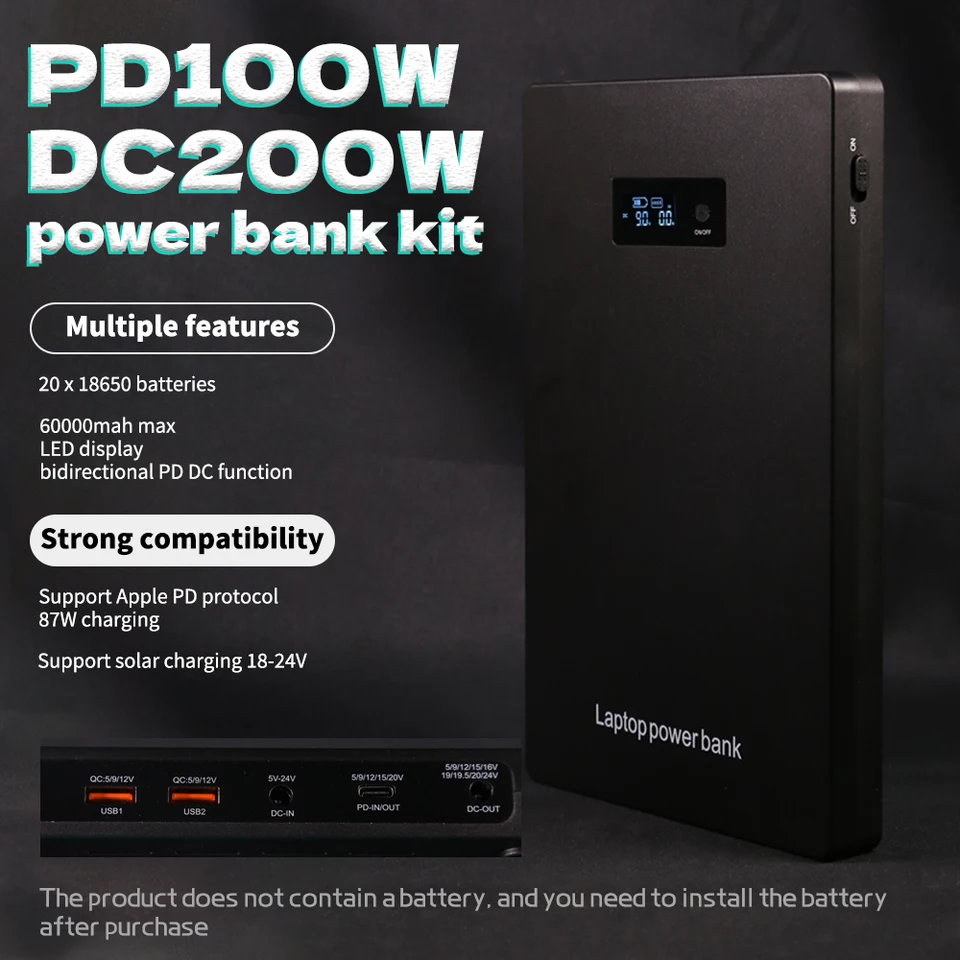 Obojsmerné PD100W DC200W 18650Battery Zváranie Žiadna batéria 60000MAH QC AFC Kompatibilné 180 W herný notebook DIY Case Rýchle nabíjanie Powerbank Case