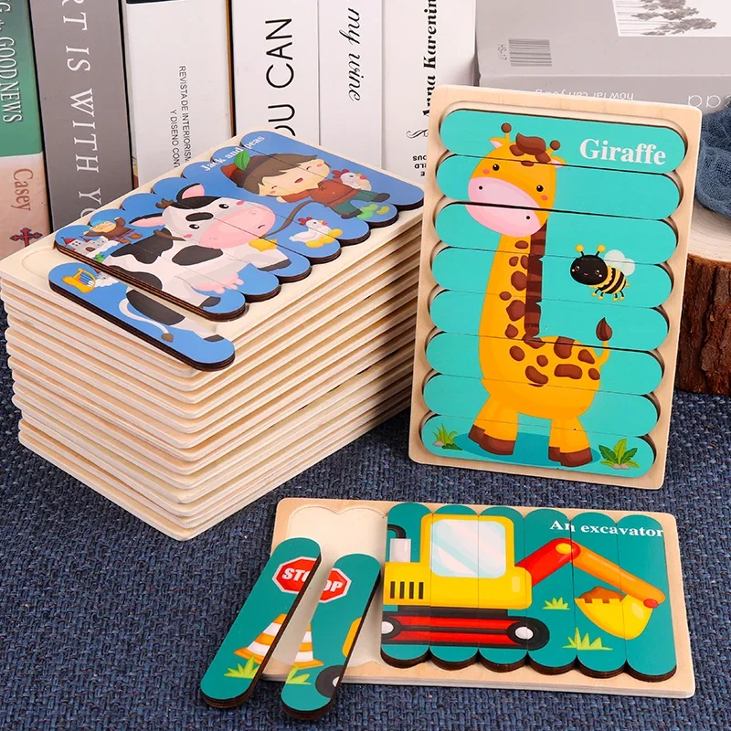 Obojstranný pás 3D puzzle detská hračka Drevená Montessori Materiály Vzdelávacie hračky pre deti veľké tehly deti učia hračky
