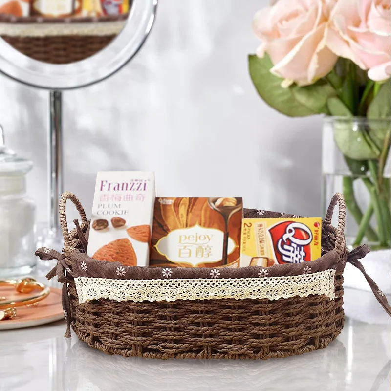 Občerstvenie a rôzne skladovacie boxy papierové lano Rattan tkané košík oválna tkanina Stock Ottop Storage Box