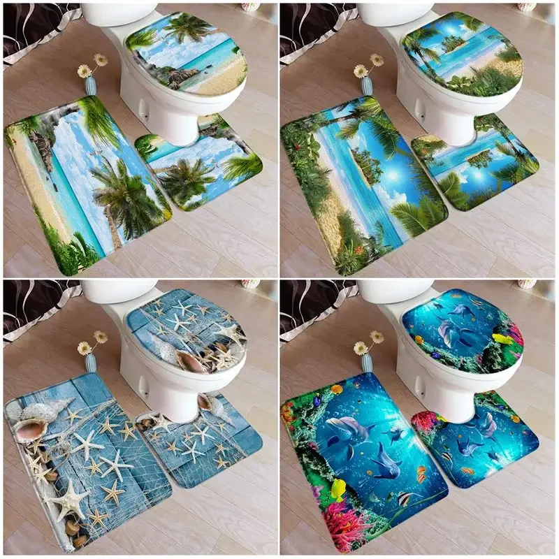 Ocean Beach Bath Rat Set Island Palms Dolphin Fish Coral Príroda scenéria Domov koberce Kúpeľňa dekorácie podlahové koberce toaletné kryt