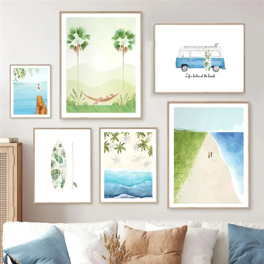 Ocean Beach Palm Tree Surgboard Seagull Wall Art Art Canvas Painting Cestovné plagáty a výtlačky Wall Obrázky pre obývaciu izbu dekor