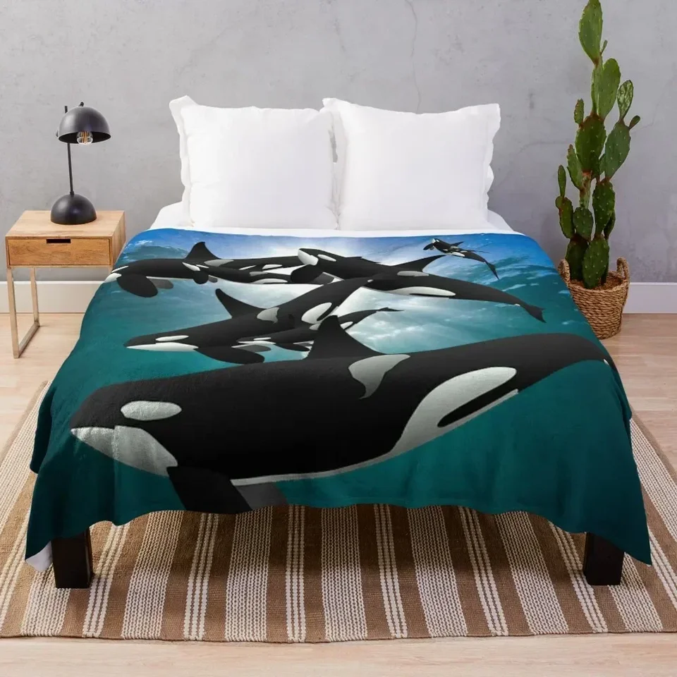 Ocean Orcas, Killer Whales and Calve Hodia prikrývku vianočné dekorácie Dekoratívne hádzanie Hairys prikrývky
