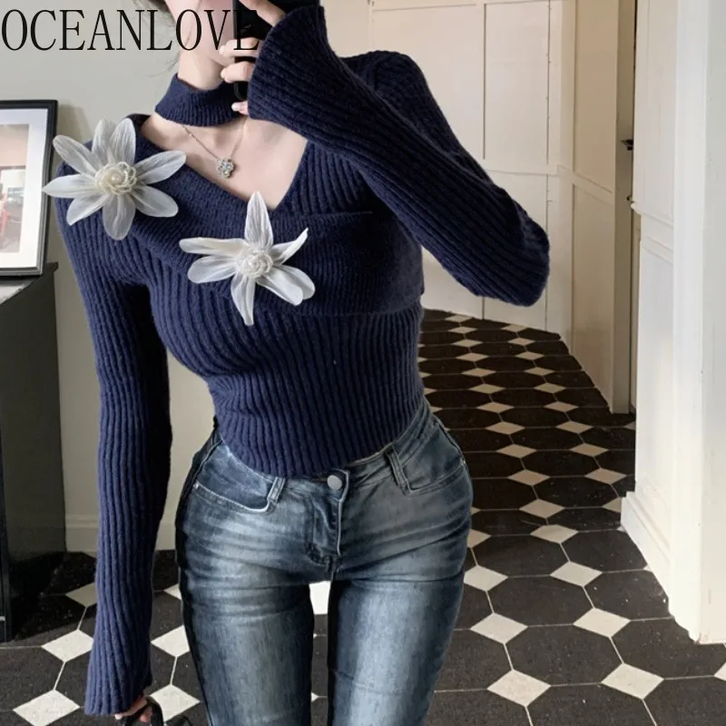 Oceanlove 3D kvety Ženy Sweaters v krk Jeseň Zimná zimná vinobranie krátky pulsons kórejské móda sexy ohlávky sueter mujer