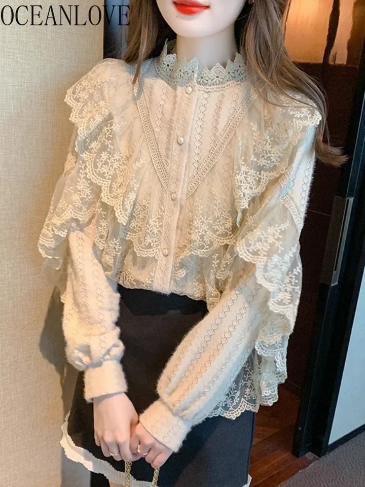 Oceanlove Autumn Winter Lace Dámske košele a blúzky Ruffles Kórejský módny Solid Elegant Blusas Mujer Vintage Sweet Camisas
